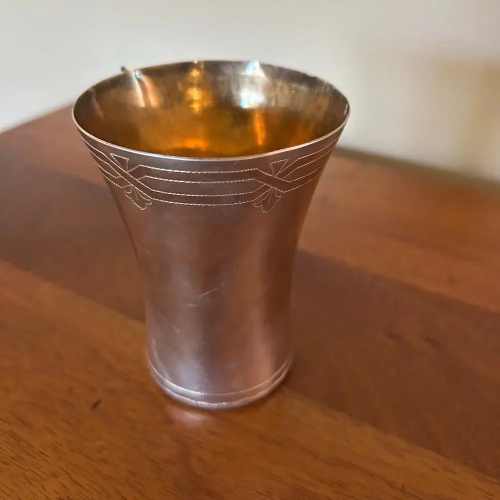 Vintage Two-Tone Etched Metal Tumbler Floral Leaf Engraved Flared Rim